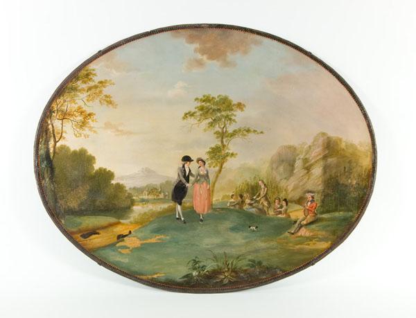  Decorated oval japanned tray base with painted scene from Tristram Shandy, signed and attributed to Edward Bird.
